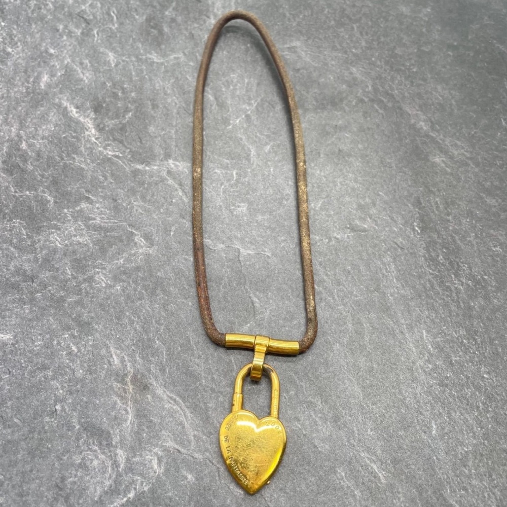 HERMES 2004 Necklace Cadena Padlock Charm La Fantaisie Heart Viviride Gold VTG - Picture 7 of 12